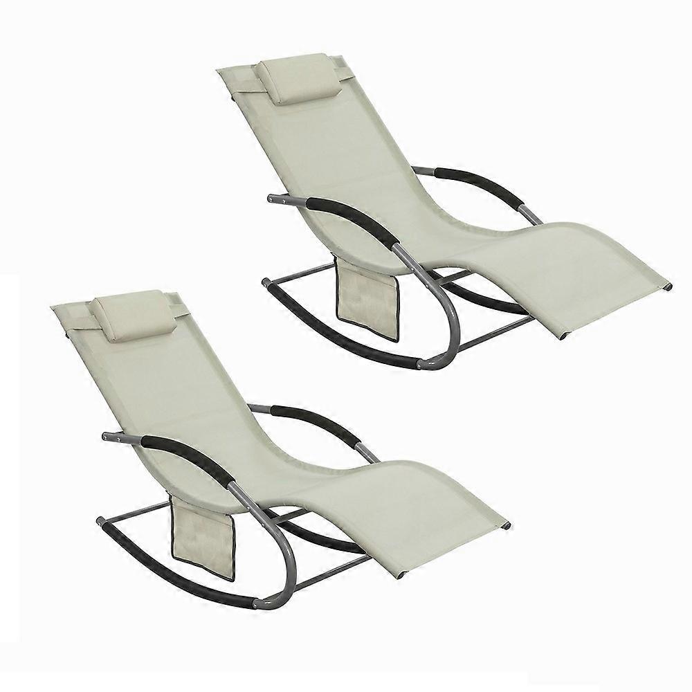 Set of 2 Sun Lounger Garden Chair Recliner with Cushioned Pillow & Side Pocket Garden Rocking Chair