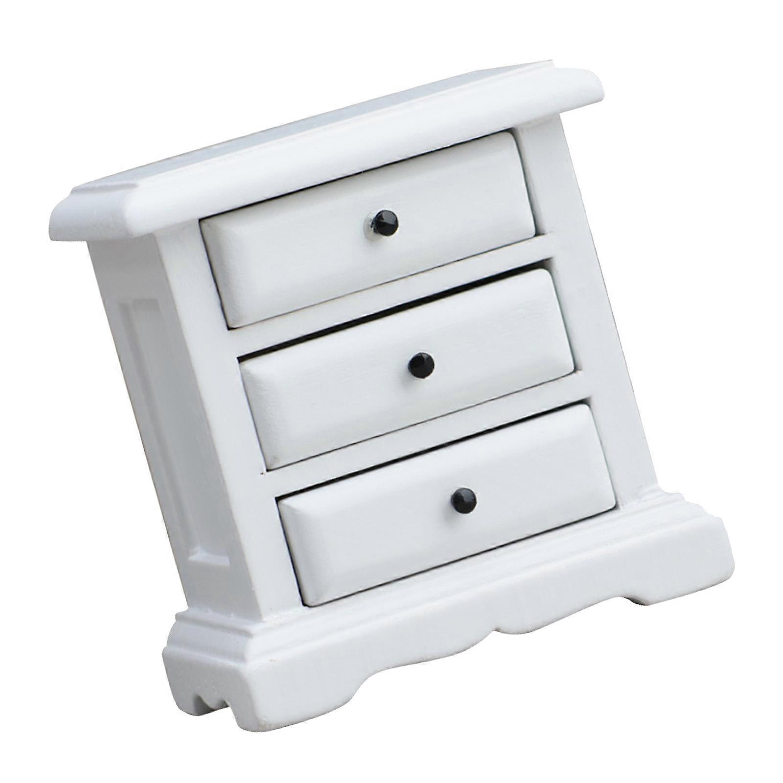 Miniature Wood Cabinet with 3 Functional Drawers Model Figurine For Dollhouses Collector And Craft Project Enthusiasts  White