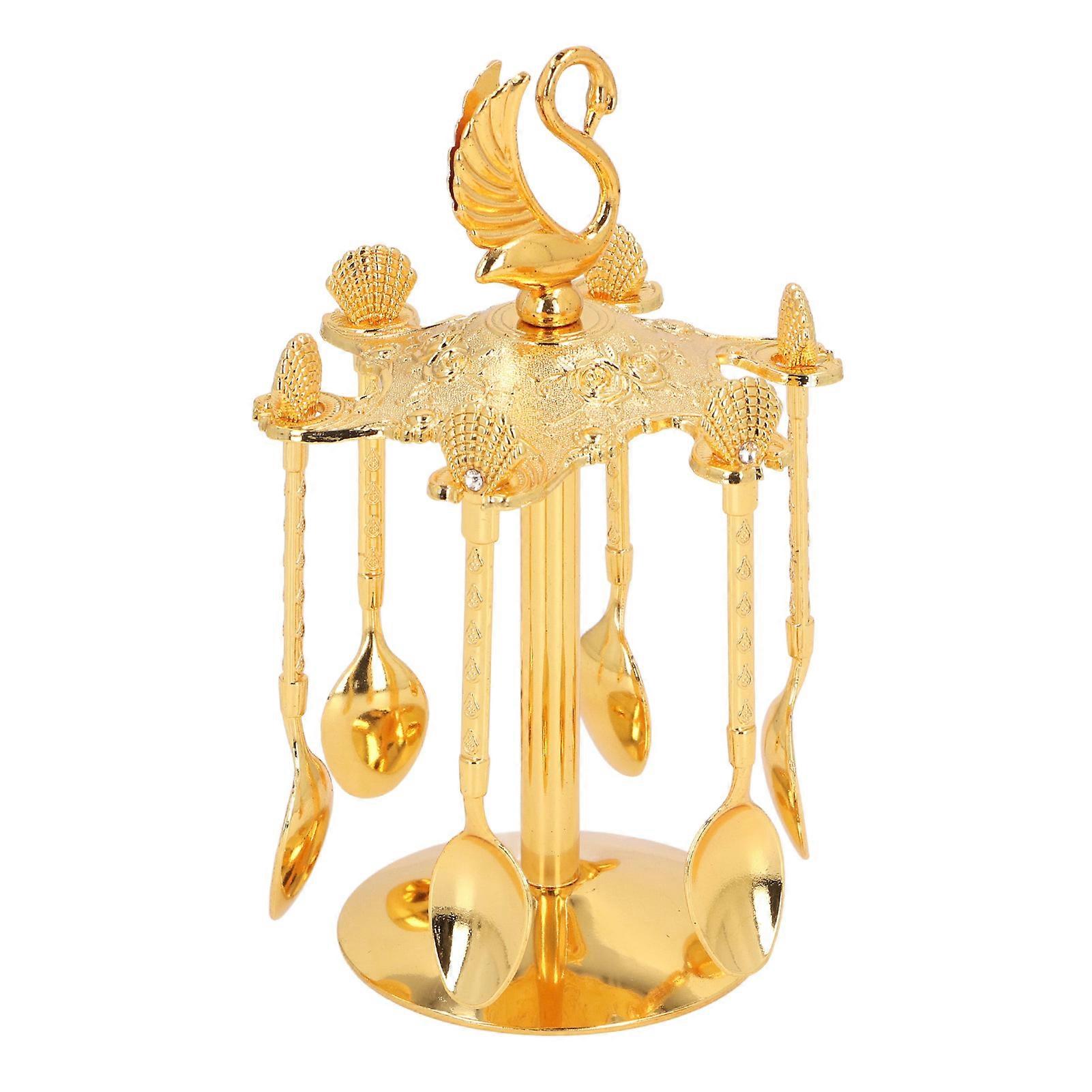 Swan Coffee Spoons Set Mirror Polished Strong Construction Swan Base Holder with 6 Spoons for Fruits Salads Gold