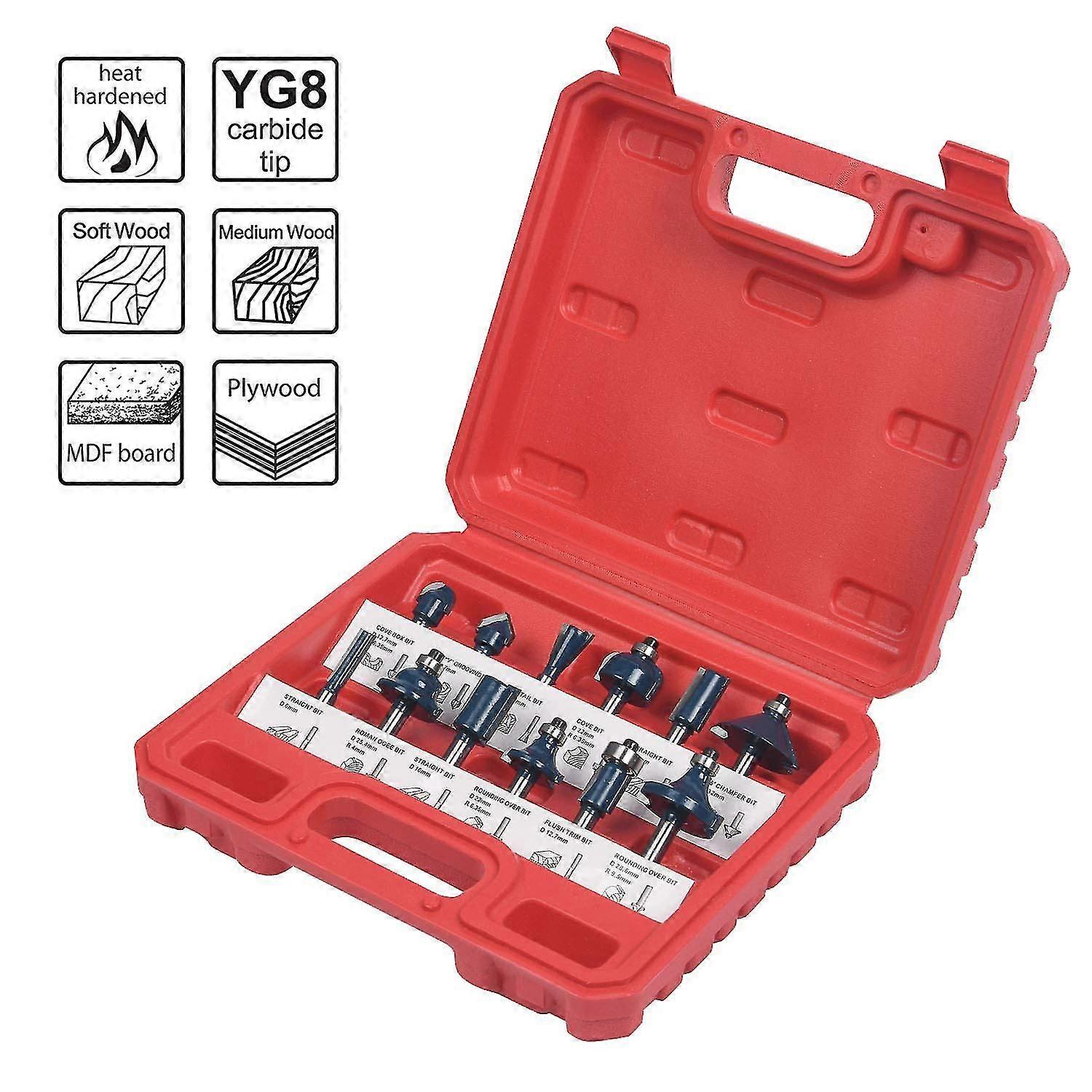 Router Bit Set, 12pcs 6.35mm 1/4 Inch Shank Tungsten Carbide Tipped Router Bit Set Wood Milling Saw Cutter Plastic