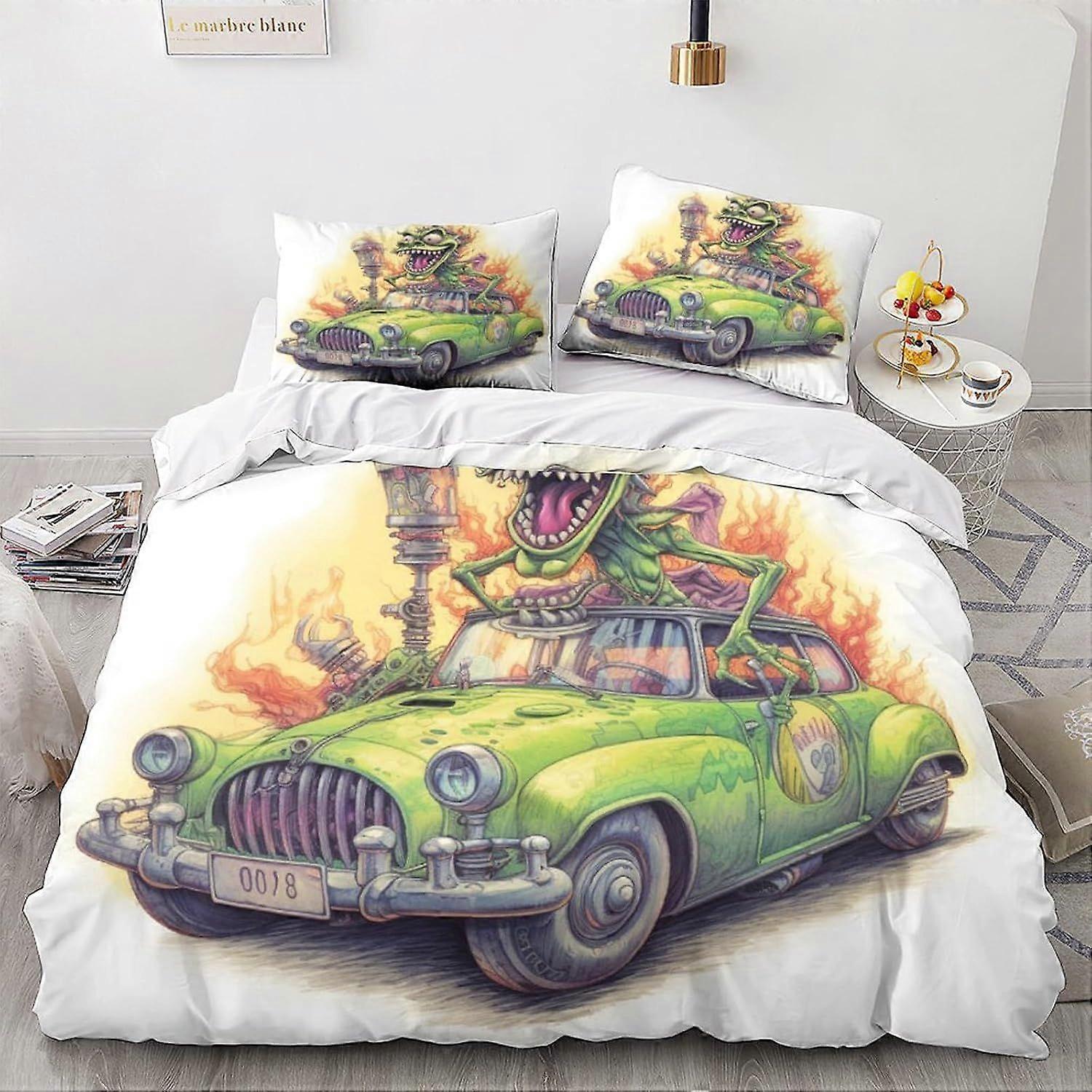 LikeEj monstros edredom capa 3D carro vintage impresso roupa de cama Set 3pcs microfibra cartoon colcha capa com zíper fechamento rei