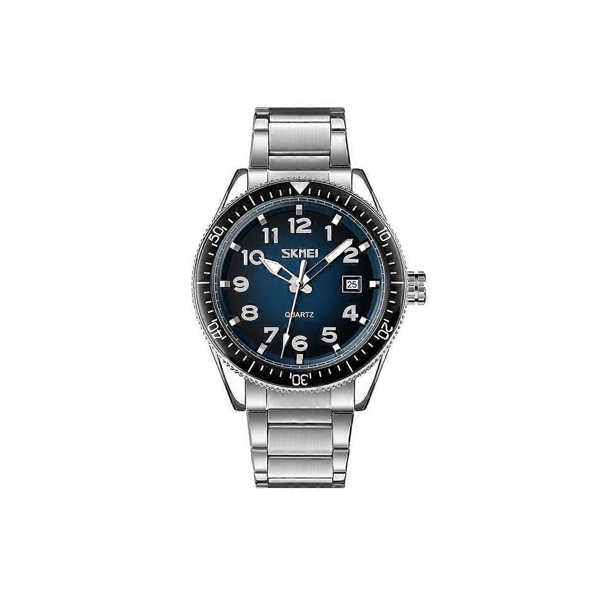 Blue Mens Watch Stainless Steel Strap with Date and Black Rotating Bezel