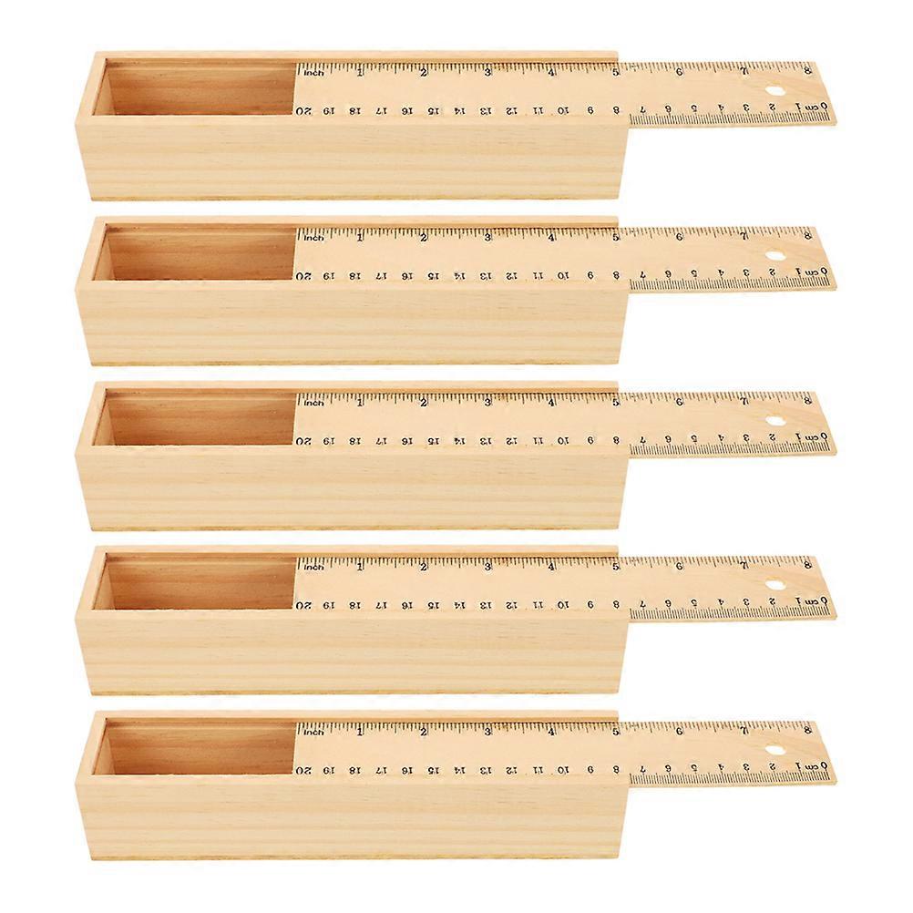 Khaki Wooden Pencil Box with Builtin Ruler for Storage Use 5Pcs Set