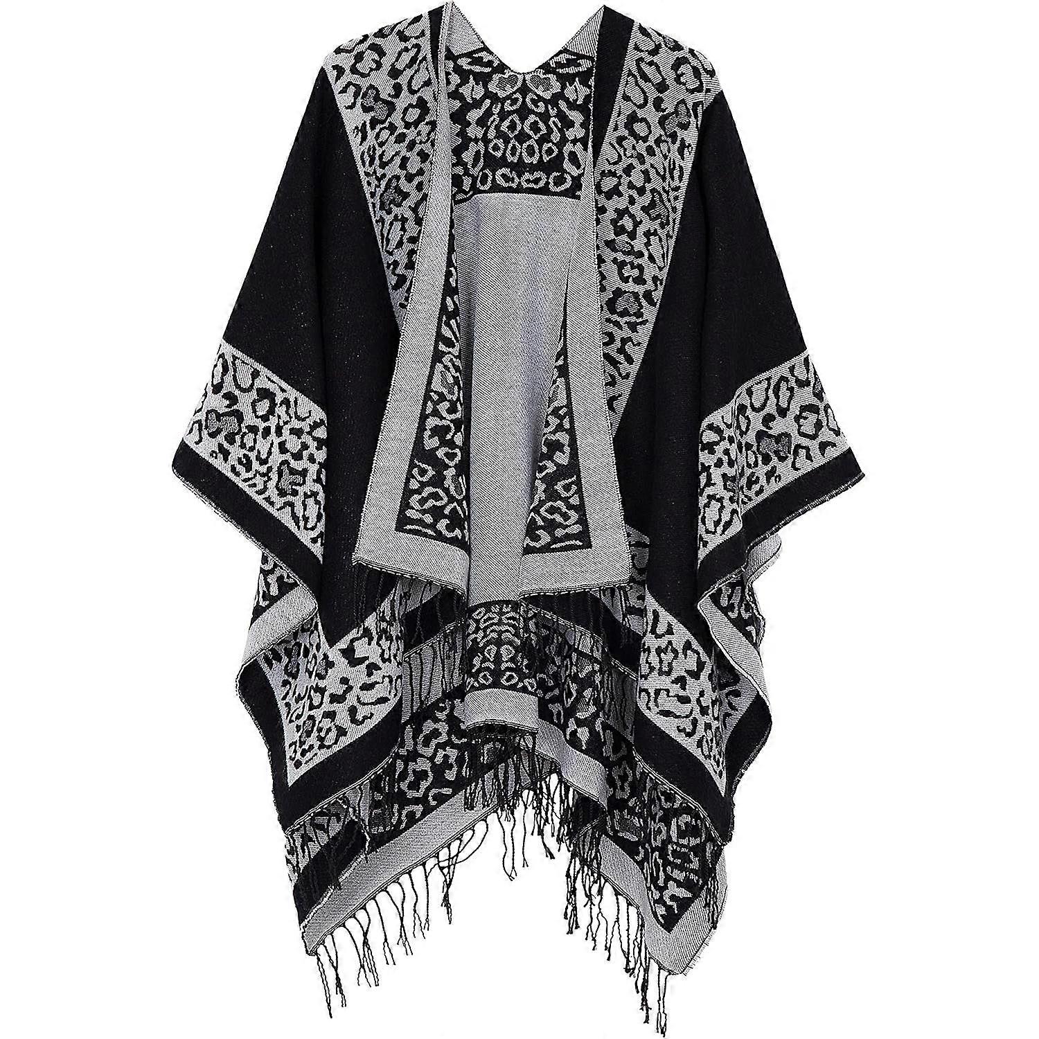 Women's Printed Cardigan Shawl with Front Fringe, Checkered Scarf with Puffed Corner Open Front with Wavy Shawl Wrap（Y0305）