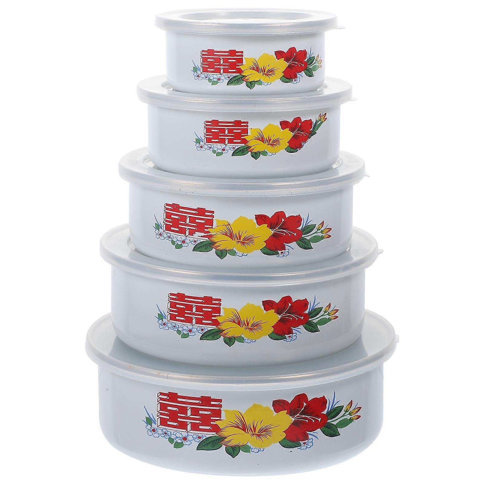 Assorted Color Enamelware Serving Bowls with Lids for Storage Use 5Pcs