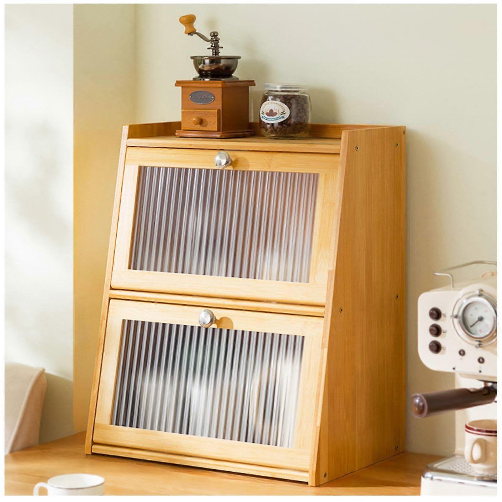 Large Bamboo Bread Box with Acrylic Window, Double Layer Corner Storage Organizer for Kitchen Counter
