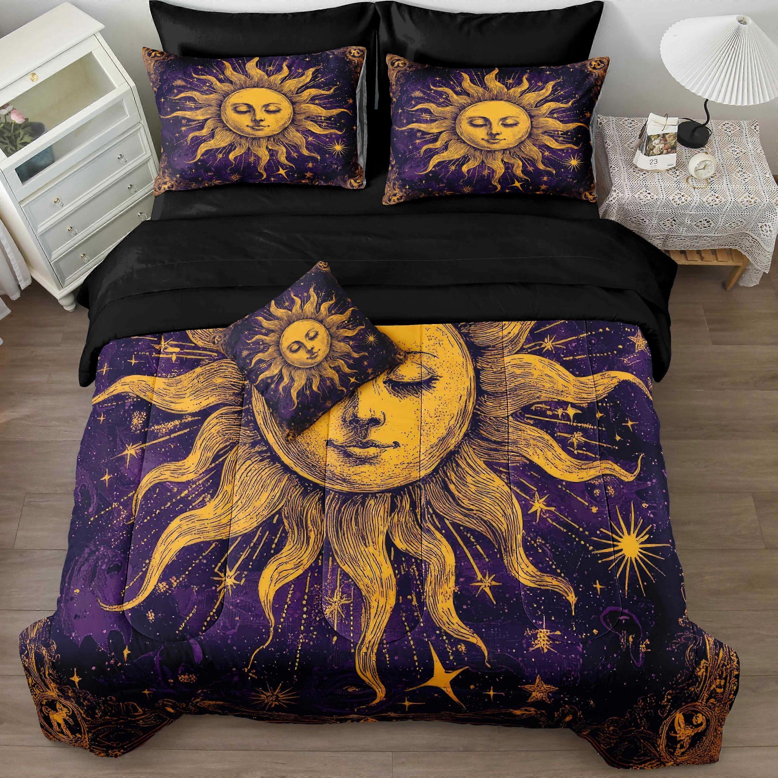 Galaxy King Comforter Set 8Piece Sun and Moon Bedding Purple Space Design Ultra Soft Microfiber