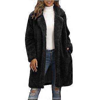 Fuskepelsfrakk for kvinner Vinter varm, raggete frakk Avslappet, åpen front, fluffy, lang frakk (svart, M)