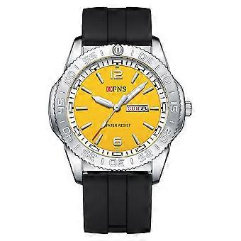 OFNS Yellow Dial Watch with Black Rubber Strap, Silver Case and Date Display - Water Resistant