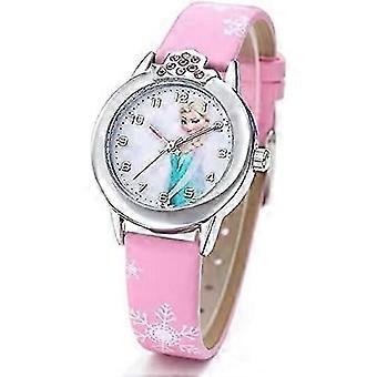 Montre enfant rose avec bracelet en cuir, motif givré, ELSA entièrement givré, bracelet de montre