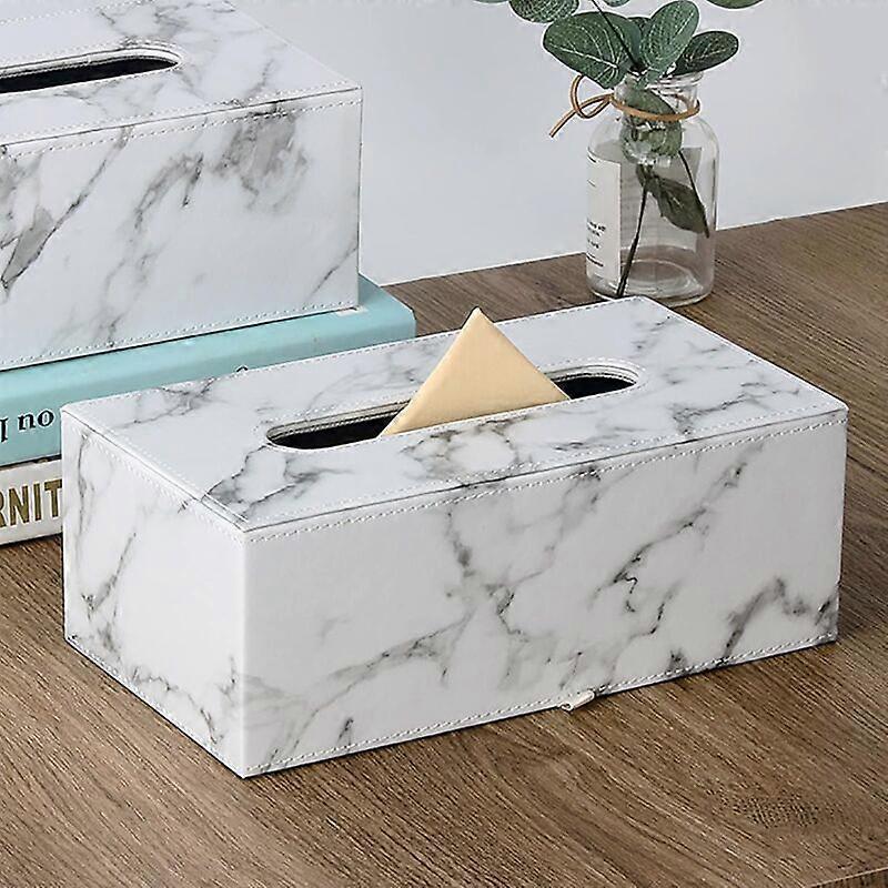 Rectangular Marble Tissue Box with Lid for Household Storage (White Large)
