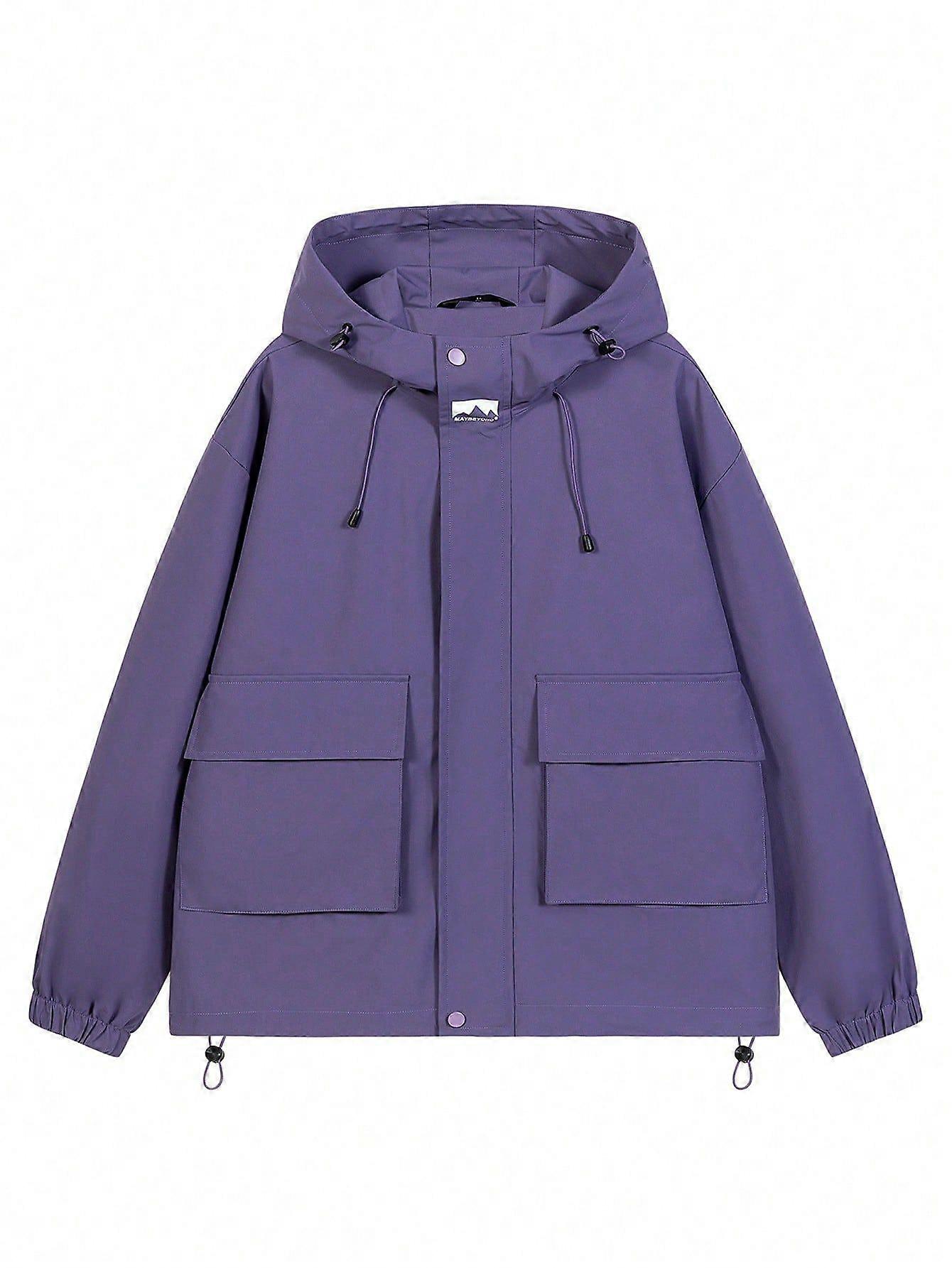 Men Flap Pocket Drawstring Hem Hooded Jacket
