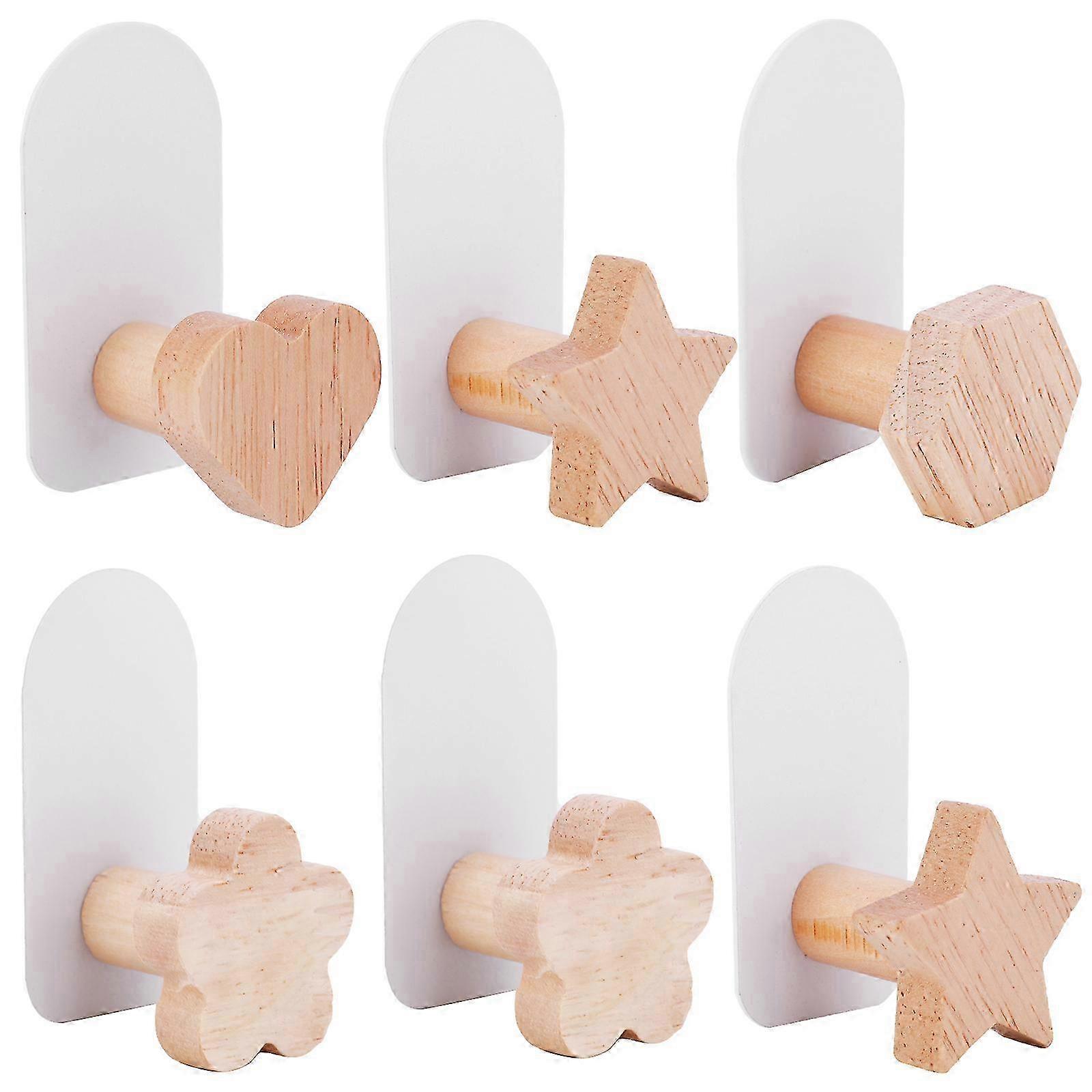 6pcs Wooden No-Drill Hooks Set