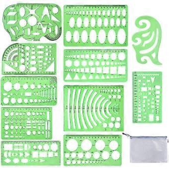 11 stykker Geometriske tegninger Skabeloner Stencils Plastmåleskabelon Linealer Ryd grøn form Skabelon til tegning Engineering Udarbejdelse Bygning