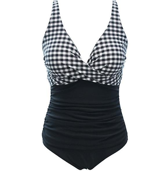 2022 New Women's One-piece Triangle V-neck Color Matching Shrink Wrinkle Cover Belly Sexy Backless Swimsuit