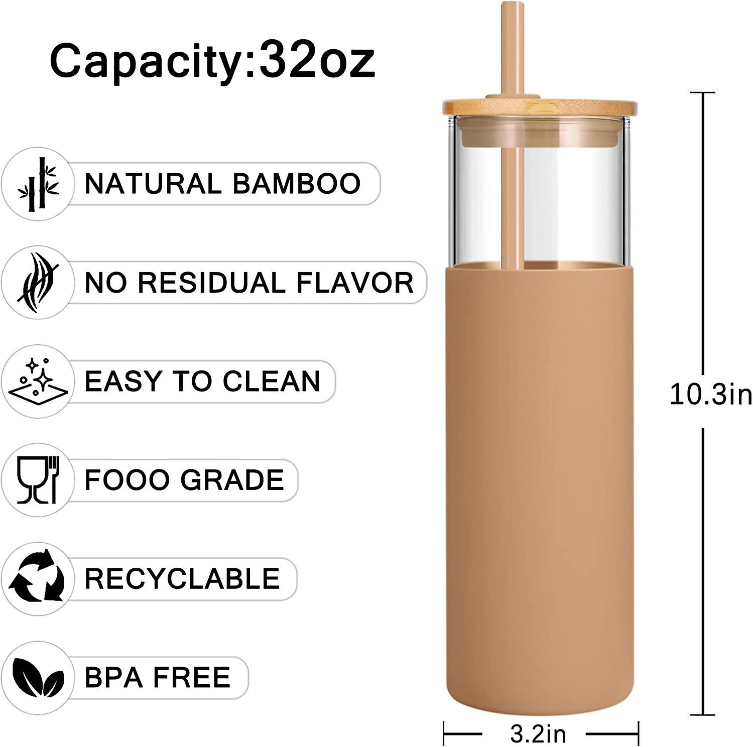 Tronco 20oz Glass Tumbler With Silicone Sleeve & Bamboo Lid - BPA Free, Straw Included, Spill Proof