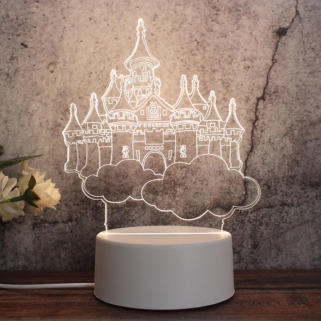 White Base Creative 3D Tricolor LED Decorative Night Light, Button Plug Version Castle in the Sky