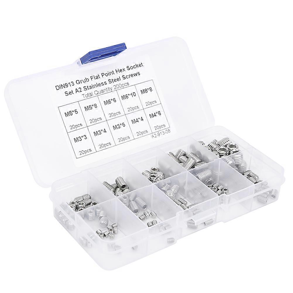 200pcs Stainless Steel Flat Point Hex Socket Grub Screw for Precise Instrument M3/M4/M5/M6/M8