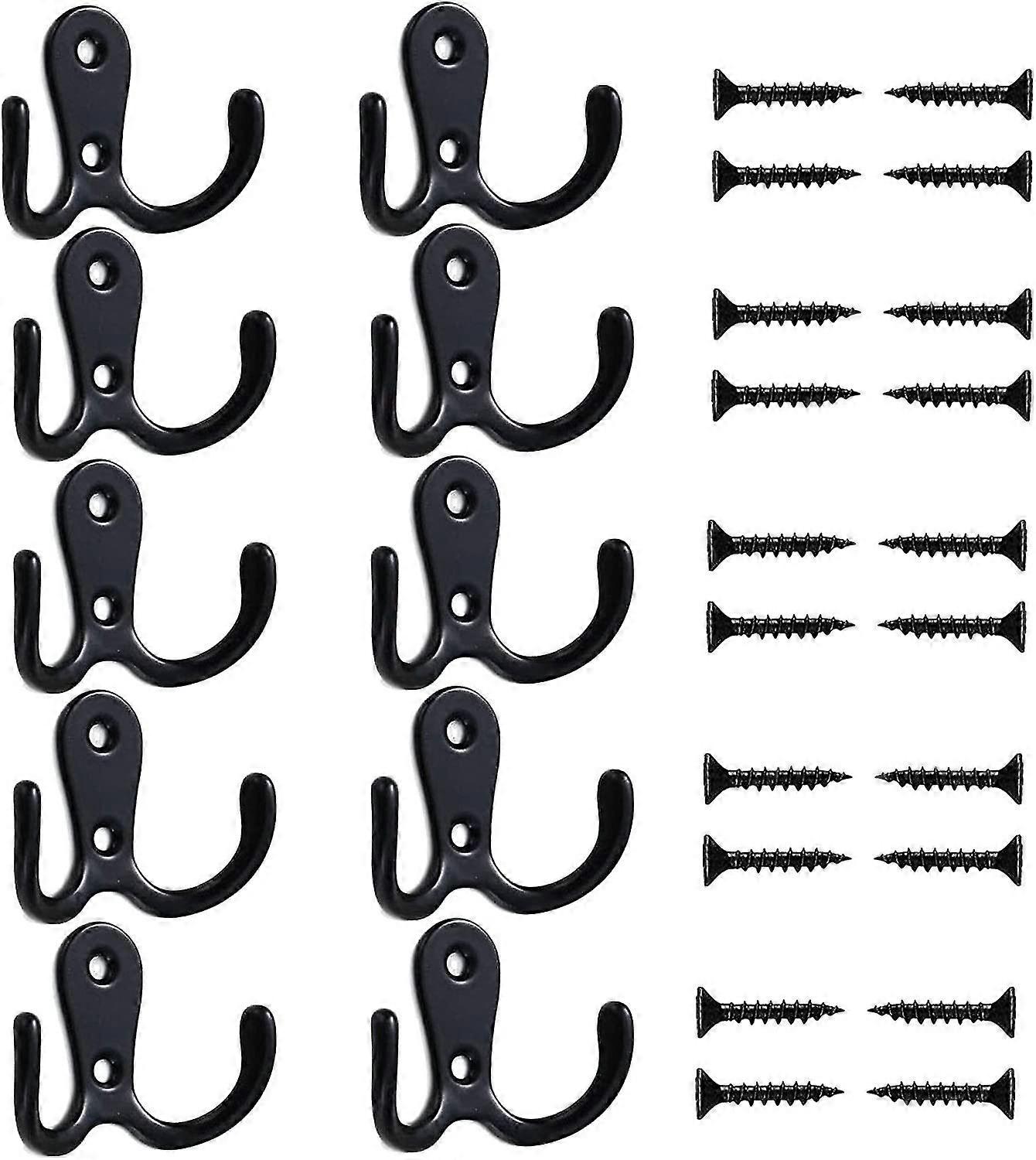 10 Pack Door Hooks For Bedrooms, Black Coat Hook Dual With Screws Wall Mounted Hanging Clothes, Robe, Towel, Hat, Key (black)