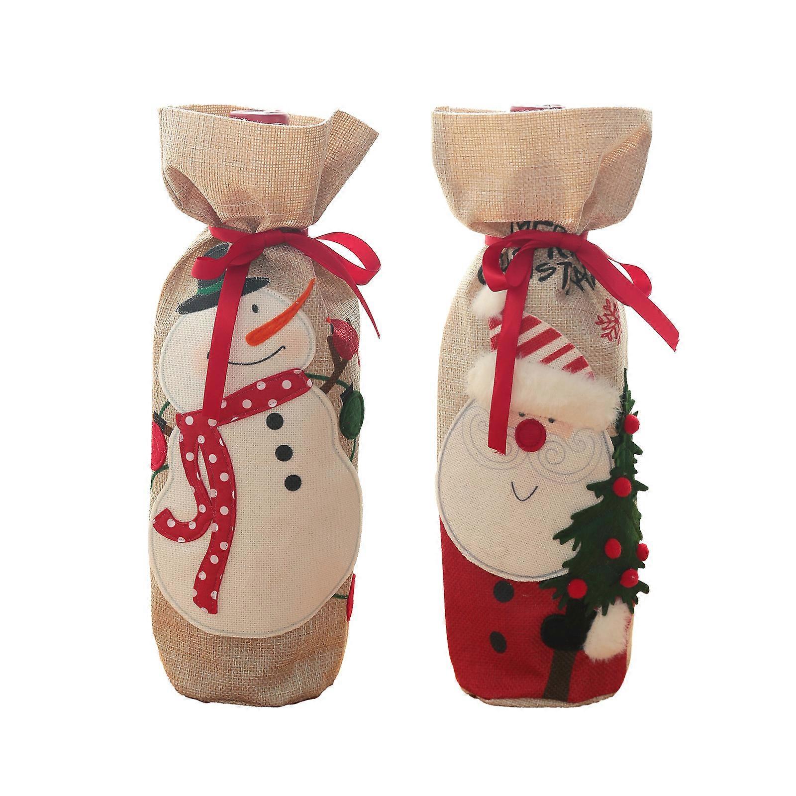 Wine Christmas Bag, Burlap Wine Bottle Gift Bag with Drawstring, Reusable Wine Bottle Covers(2 Pieces)