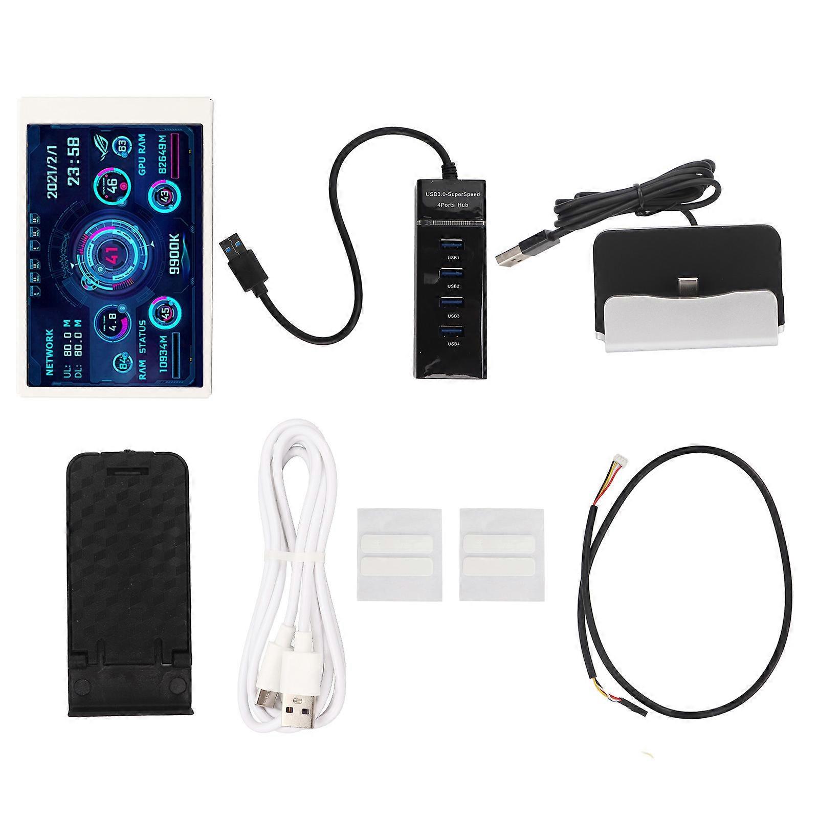Computer-Temperaturmonitor, 3,5 Zoll, IPS, Vollansicht, USB C, automatische Abschaltung, drehbar, PC-CPU-Datenmonitor für Gehäuse, RAM, GPU, weißes Set