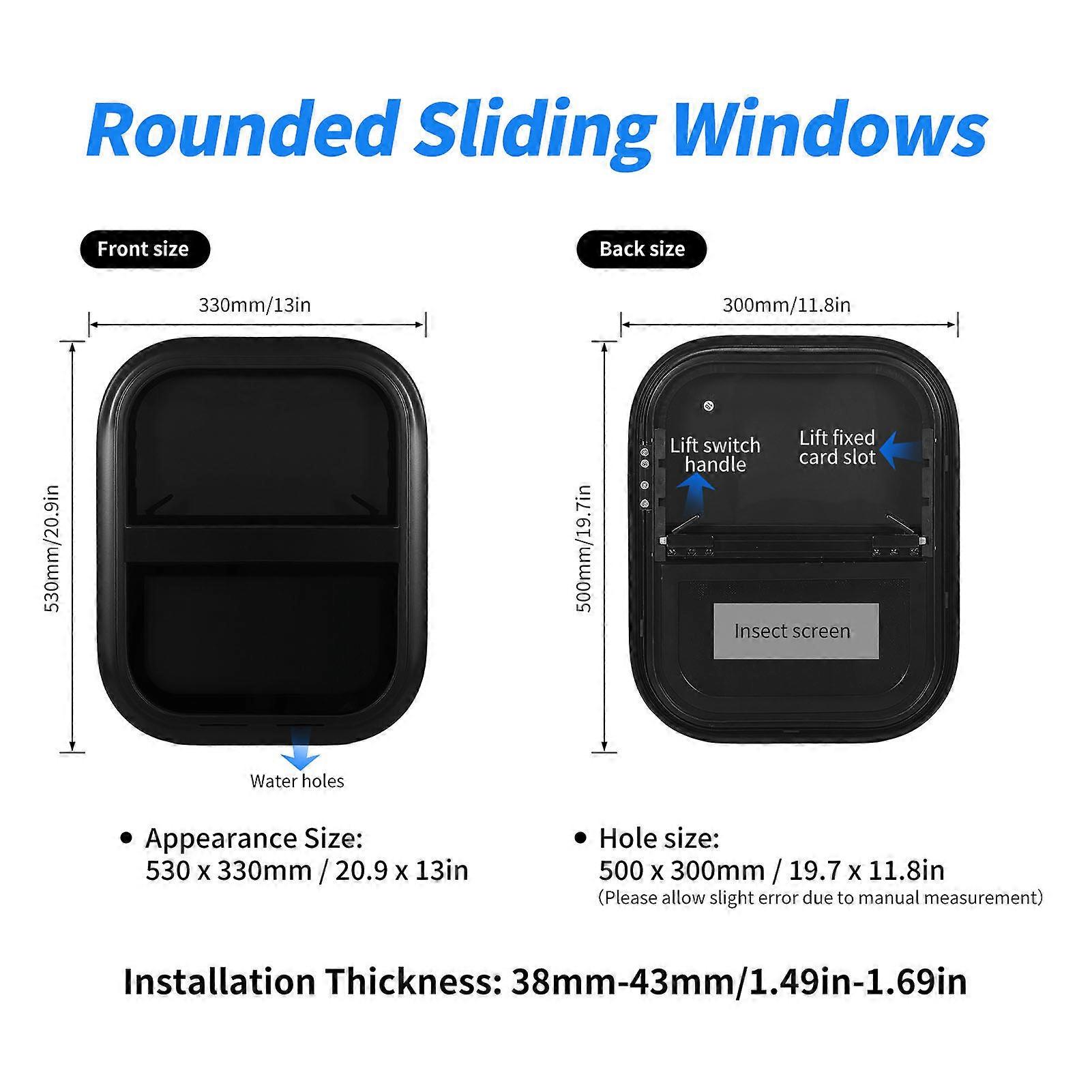 RV Sliding Window L300 H500mm UV Blocking Insectproof for Trailer Marine Camper Construction Vehicles for 3843mm/1.51.7in Wall Thickness