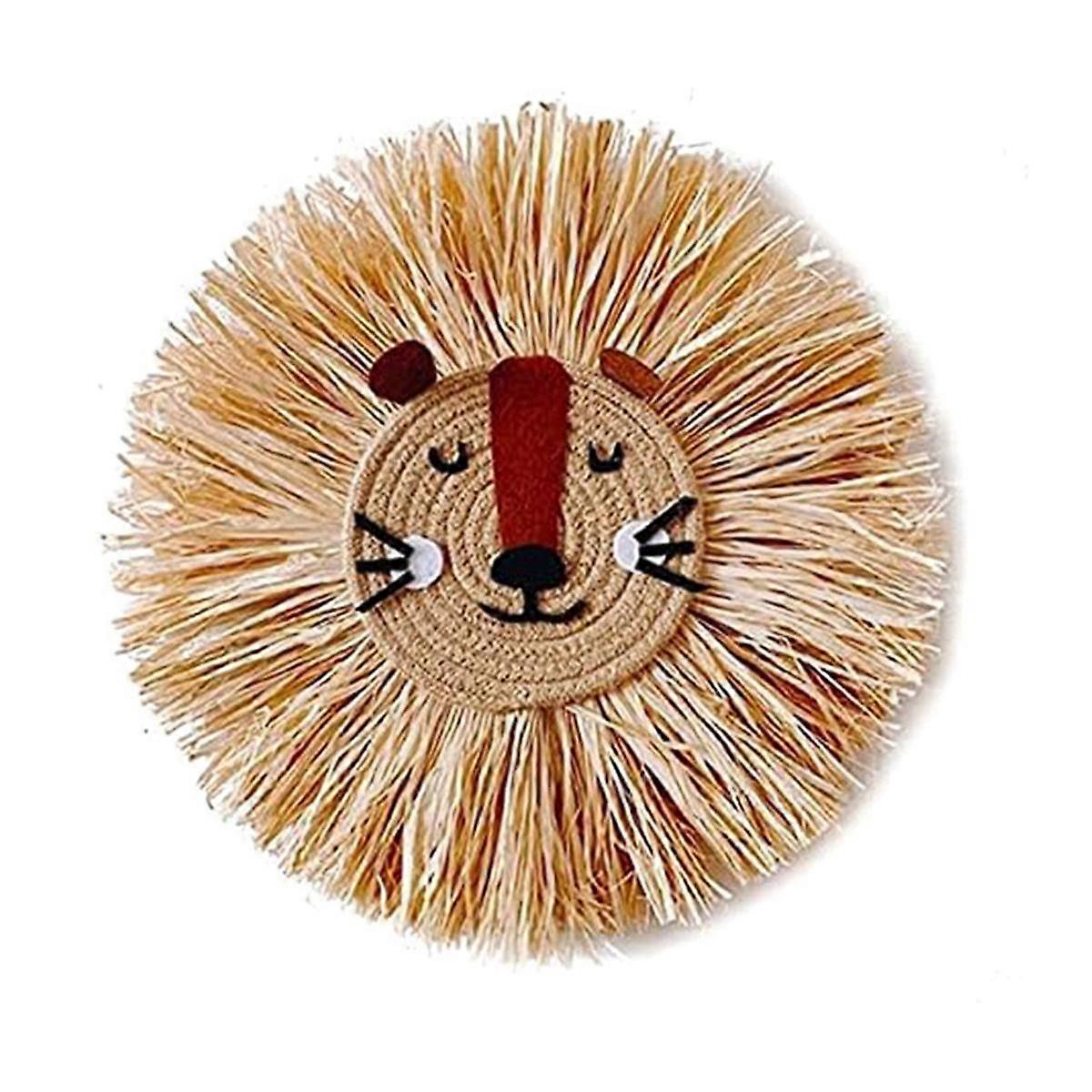 Wandkunst Tierkopf handgestrickt hängend, Baumwollfaden weben Stroh Karikatur Quasten Bart Löwe Tiger Makramee Anhänger