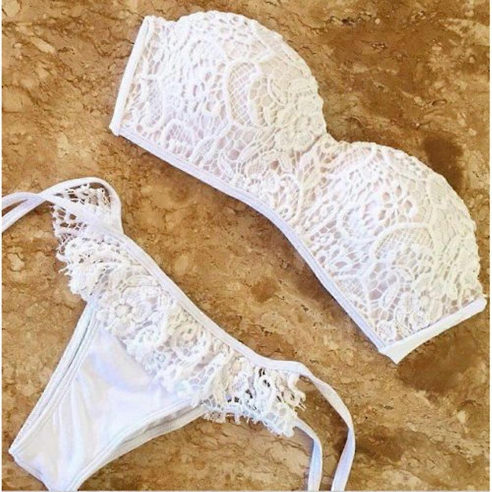 Valkoinen Pitsi Macrame Sidonta Bikini Uimapuvut Uimapuku 2kpl