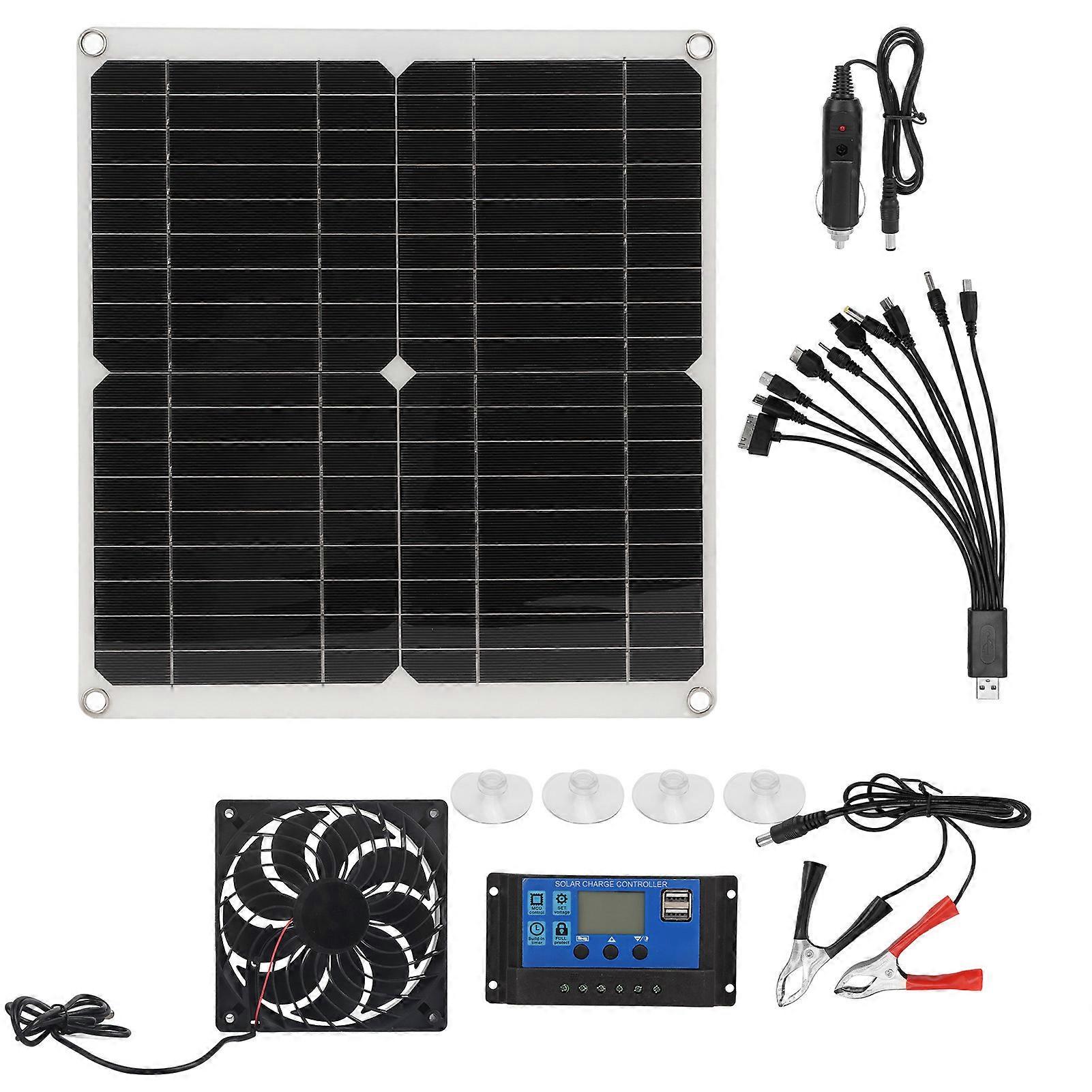 Solar Panel Kit LCD Display Multiple Protection Functions 25W Outdoor Charging Solar Panel Controller Fan System Set
