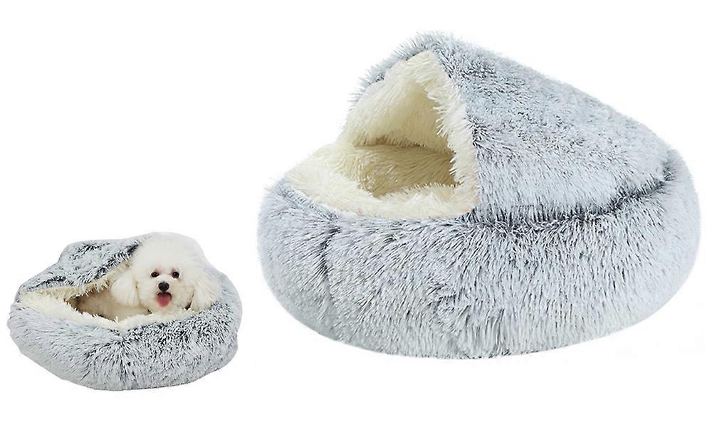 Plush Cushioned Hooded Pet Bed Warm Soft Round Nest Sleeping Kennel Cave -Gray