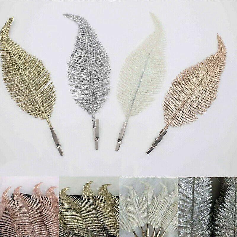 6X Christmas Tree Ornament Clip On Glittery Feather Xmas Artificial Leaf Decor