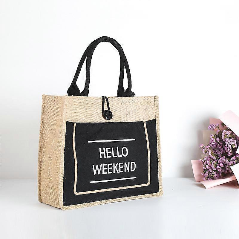 Jute Handbag with Printed Letters, Eco-Friendly Reusable Canvas Bag for Daily Use, Travel, Grocery, and Picnic