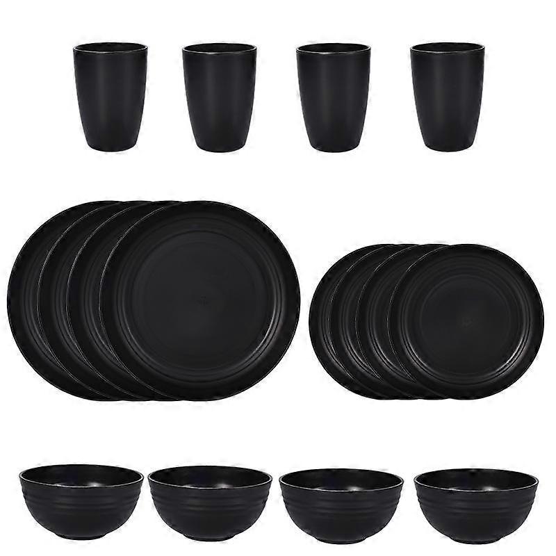 Wheat Bowl Dish Plate Mug Black Dinner Plate 24 Piece Plastic Plate Bowl Cup Gift Set