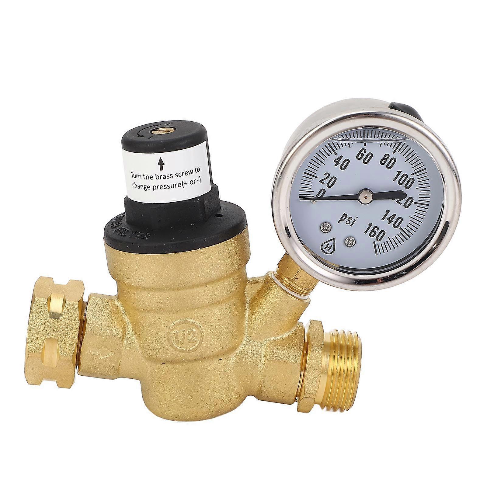 שסתום רגולטור לחץ מים 3/4 אינץ 'חוט פליז וברזל מתכוונן RV ווסת לחץ מים עם מד לקמפינג