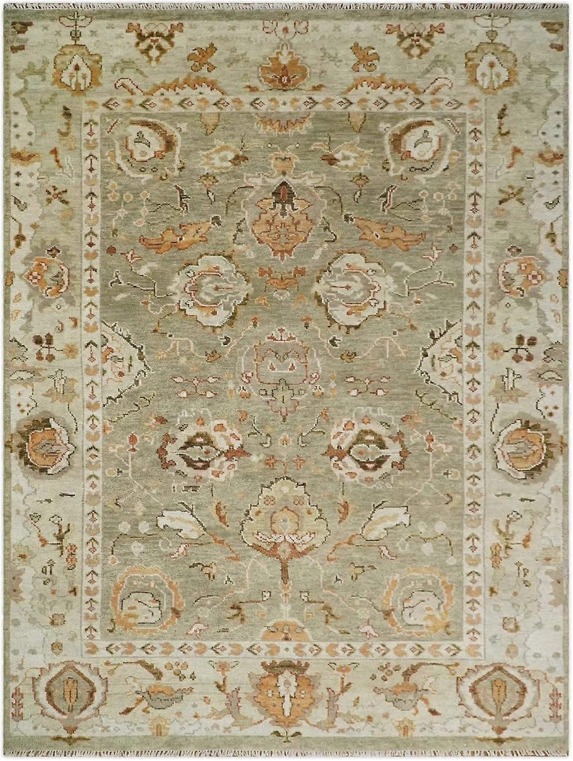 Olive Green Turkish Oushak Hand Knotted Rug For Bedroom & Living Room