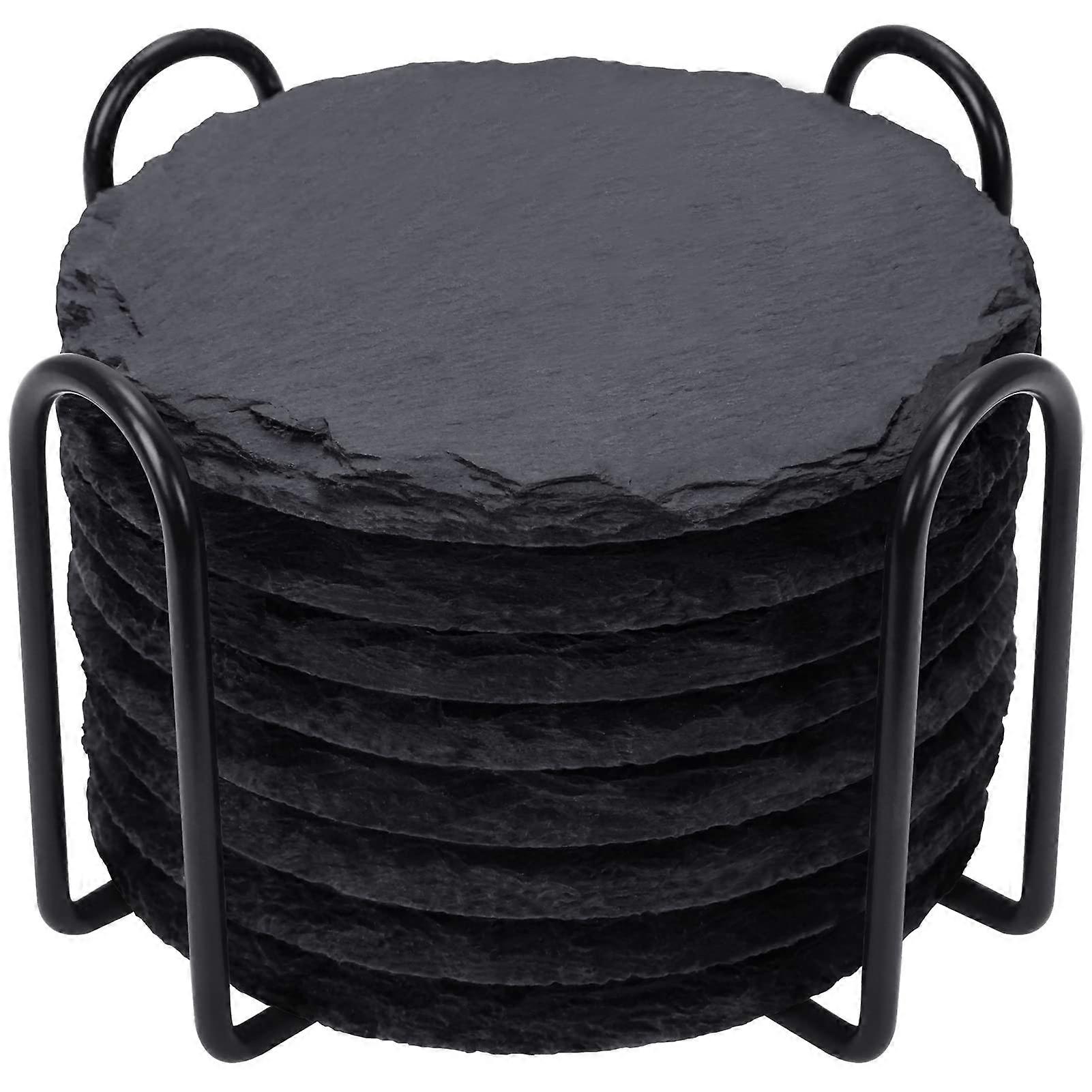 Slate Drink Coasters with Metal Holder, Set of Black 8 Coasters, 4 Inch Stone Coaster Set