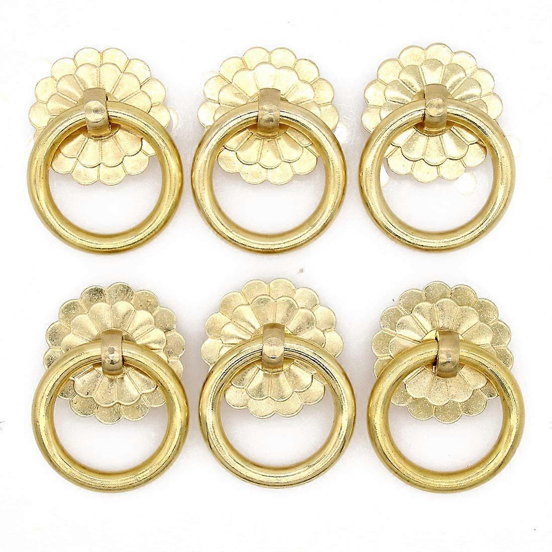 6 PCs Vintage Golden Brass Ring Pulls - Solid Brass Cabinet Hardware, 1.4 Inch (3.5 cm) Decorative Rings