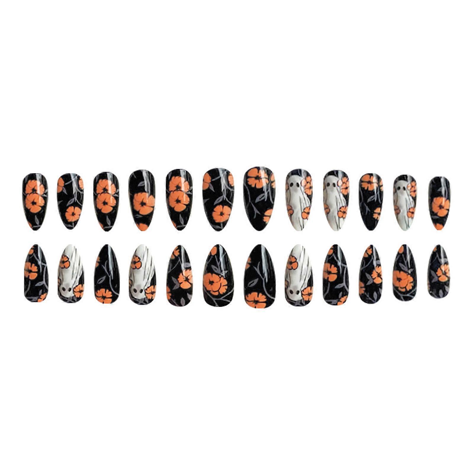 French Orange Flower False Nails Kit Long Pointed Ghost False Nails Kit