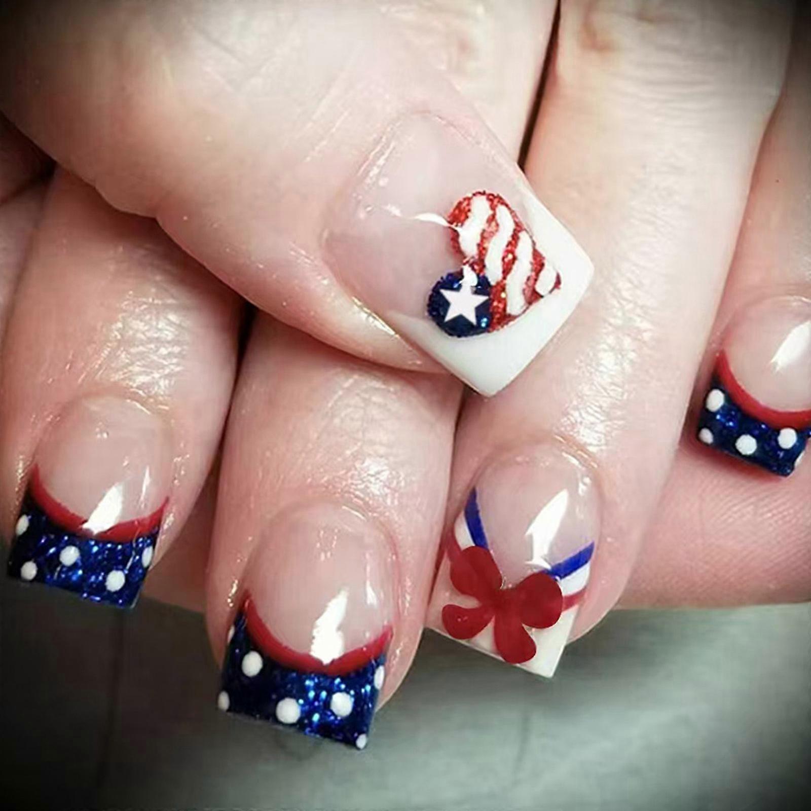7月4日ネイルの接着剤ショートスクエアフェイクネイル独立記念日フレンチチッププレスネイル人工アクリルネイル