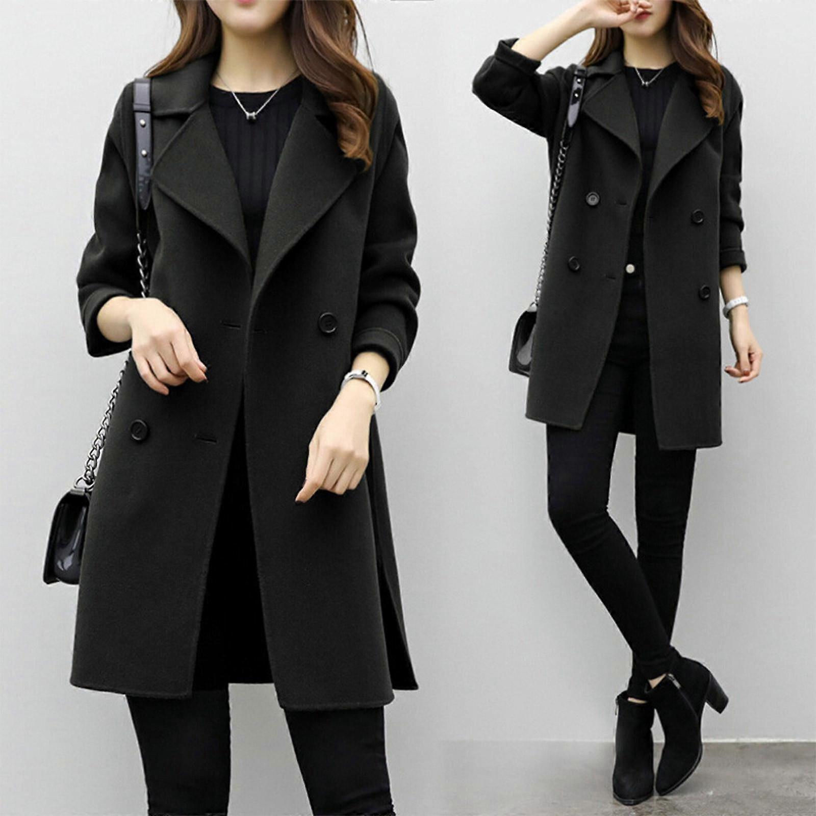 Autumn Women's Medium-length Woolen Overcoat Loose-fit Slimming Double-row Buttoned
