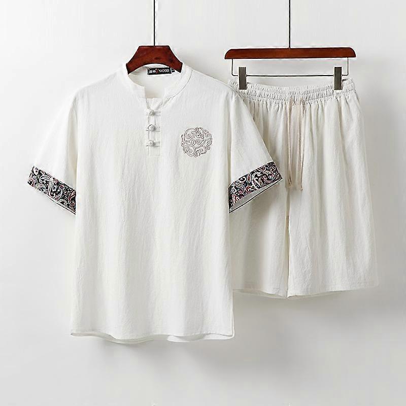 Men's Summer Thin Plate Button T-shirt Linen Short-sleeved Suit Trendy Chinese Style Men's Cotton and Linen Retro Stand Collar Two-piece Set