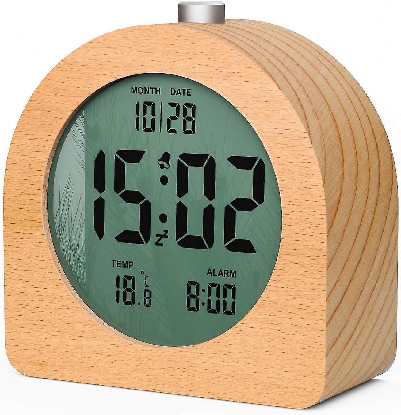 Digital alarm clock with LCD temperature and date display, battery-powered smart alarm clock in wood and light, loud buzzer sound