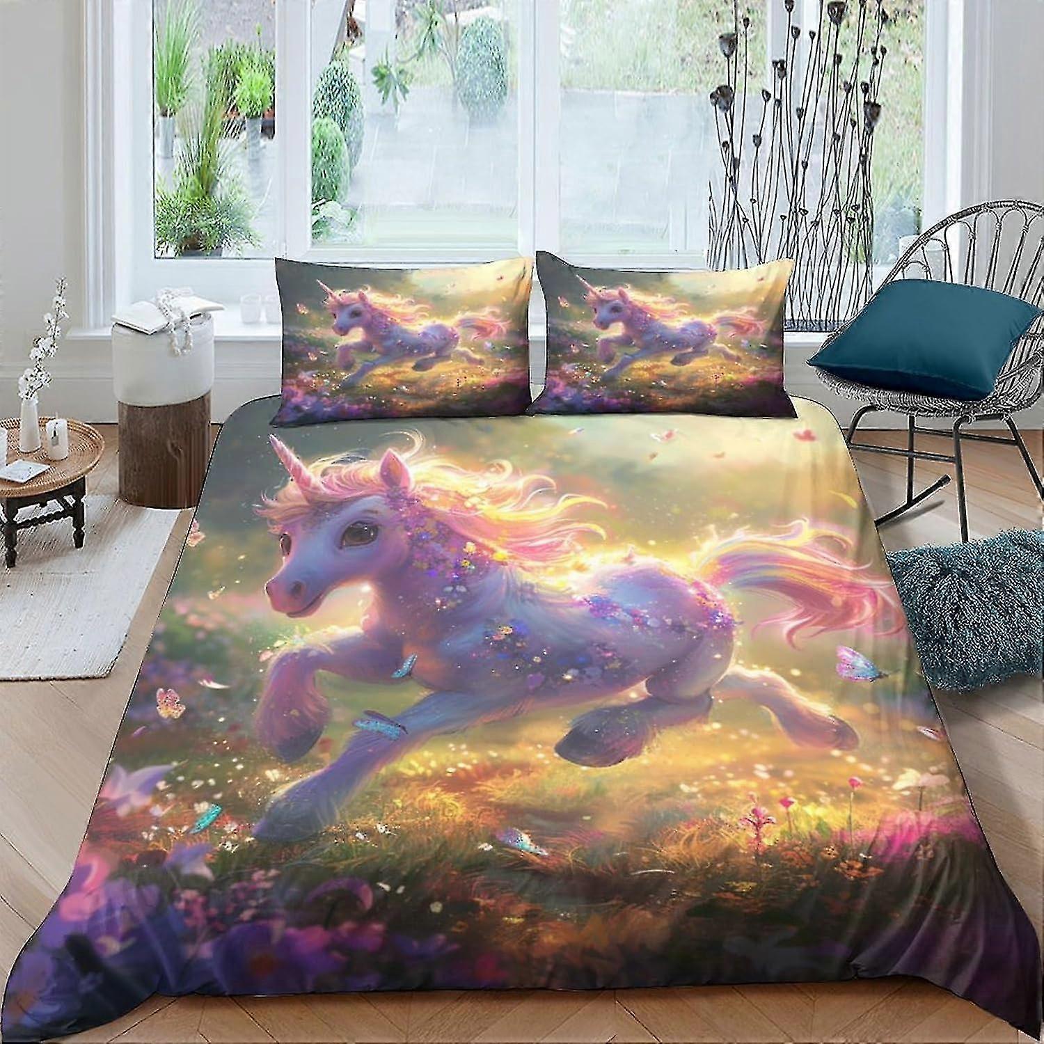 3D Printed Anime Style Rainbow Unicorn Comforter Cover Set for Boys and Girls with Pillow Cases and Zipper Closure