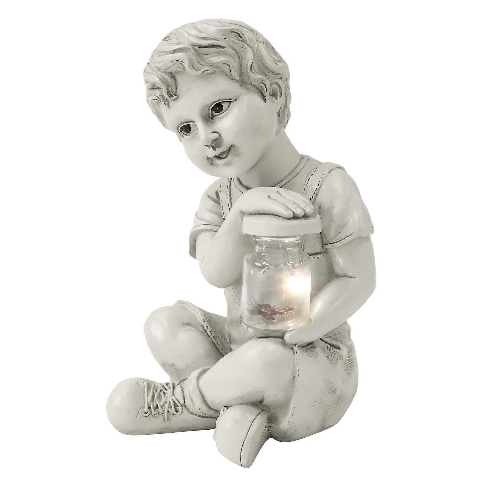 It sounds like you're describing a **solar powered garden ornament**, specifically a **resin statue** that includes **weatherproof LED lighting**,