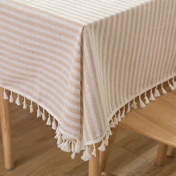Cotton linen tablecloth with stripes and tassels, square tablecloth, dustproof tablecloth for kitchen and dining table (140cm x 140cm, beige)