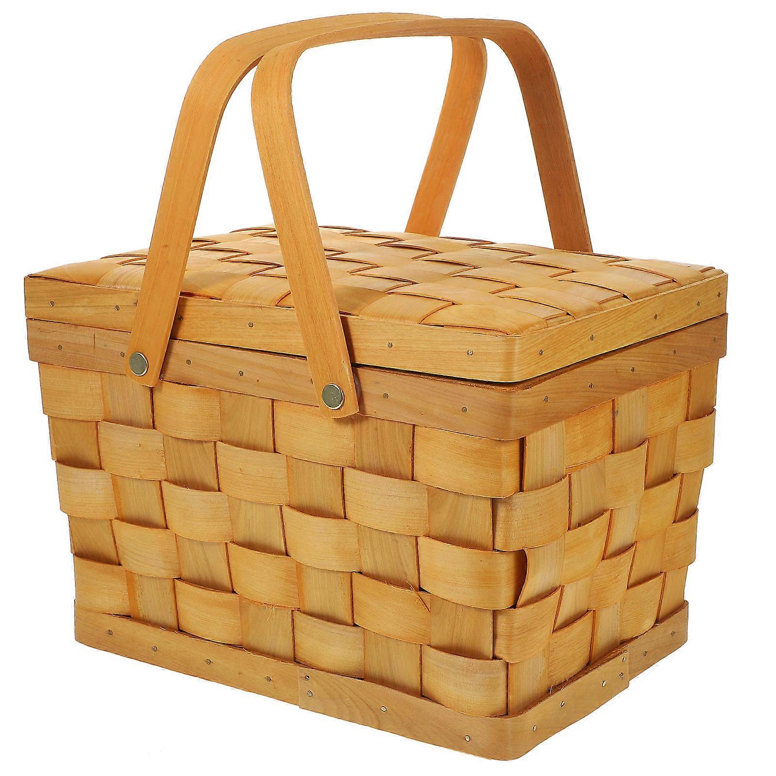 Picnic Basket Wood Chip Double Handles Party Use Home Decoration Rectangular Minimalist 1Pack