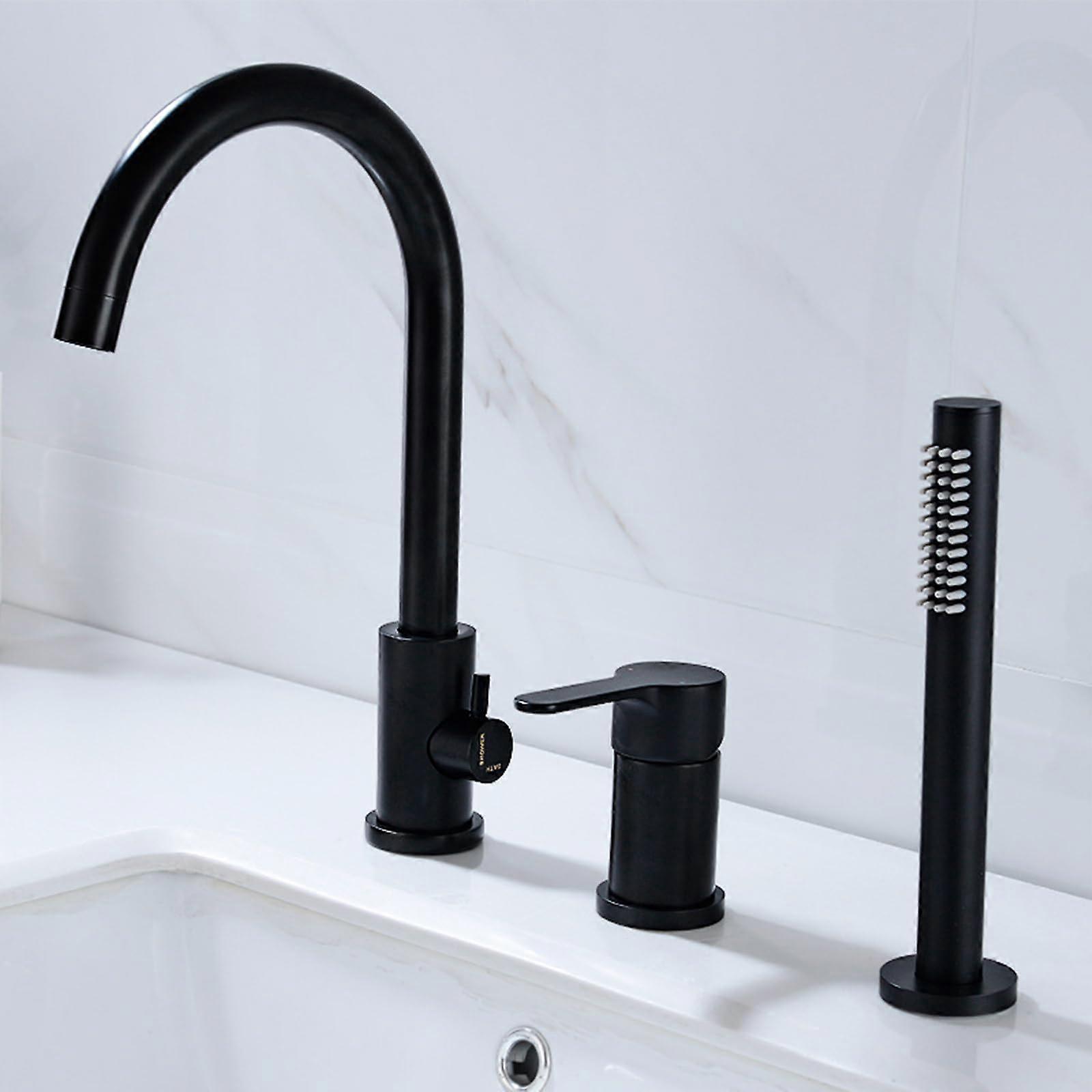 3-Hole Bath Edge Mixer Tap Black With Pull-Out Hand Shower 360 Degree Swivelling Single Lever