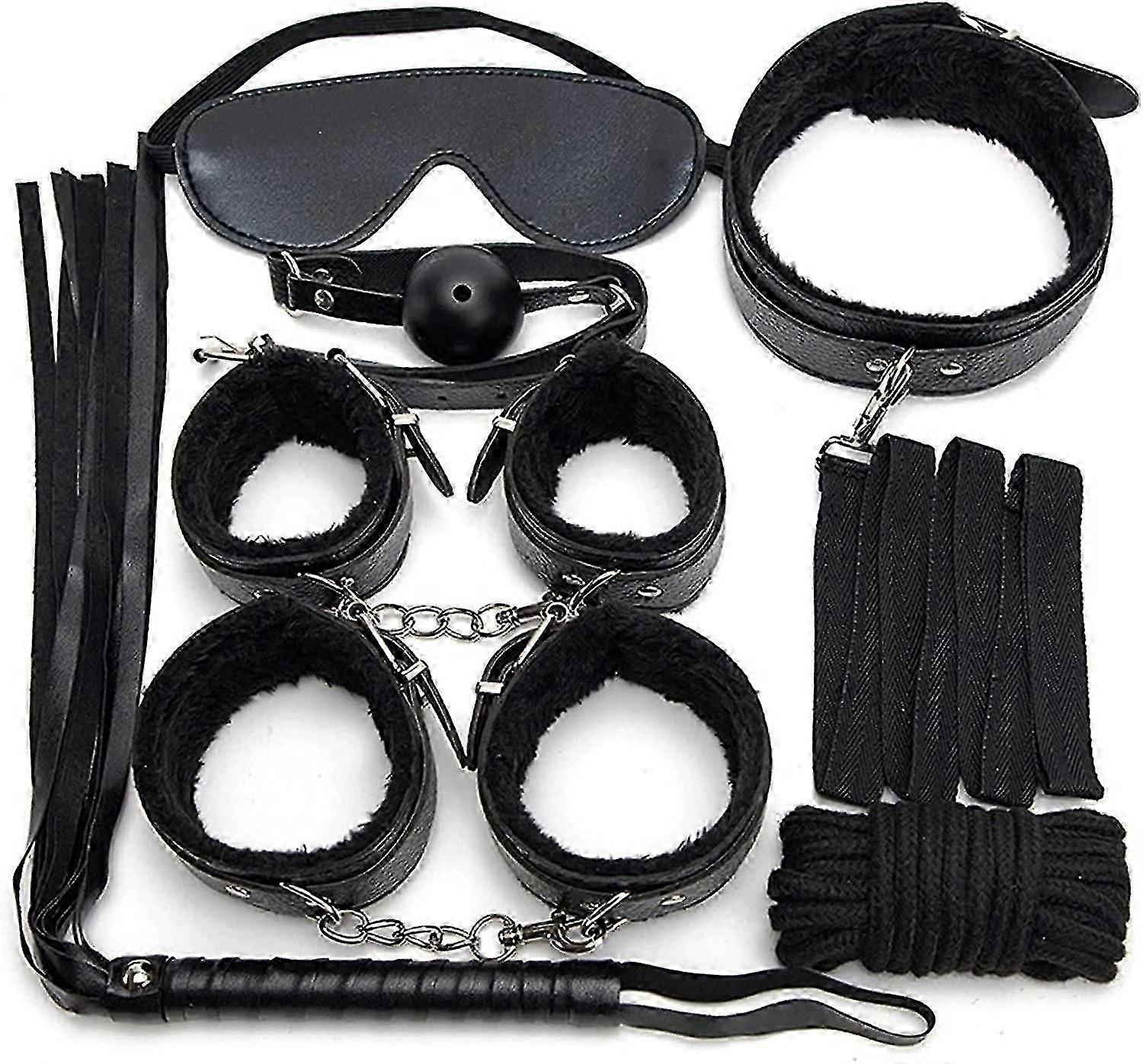 7pcs/set Leather Bodaged Kit Adlt Explay Hndcffs/whps/ball Gg/rope/collr Bdm