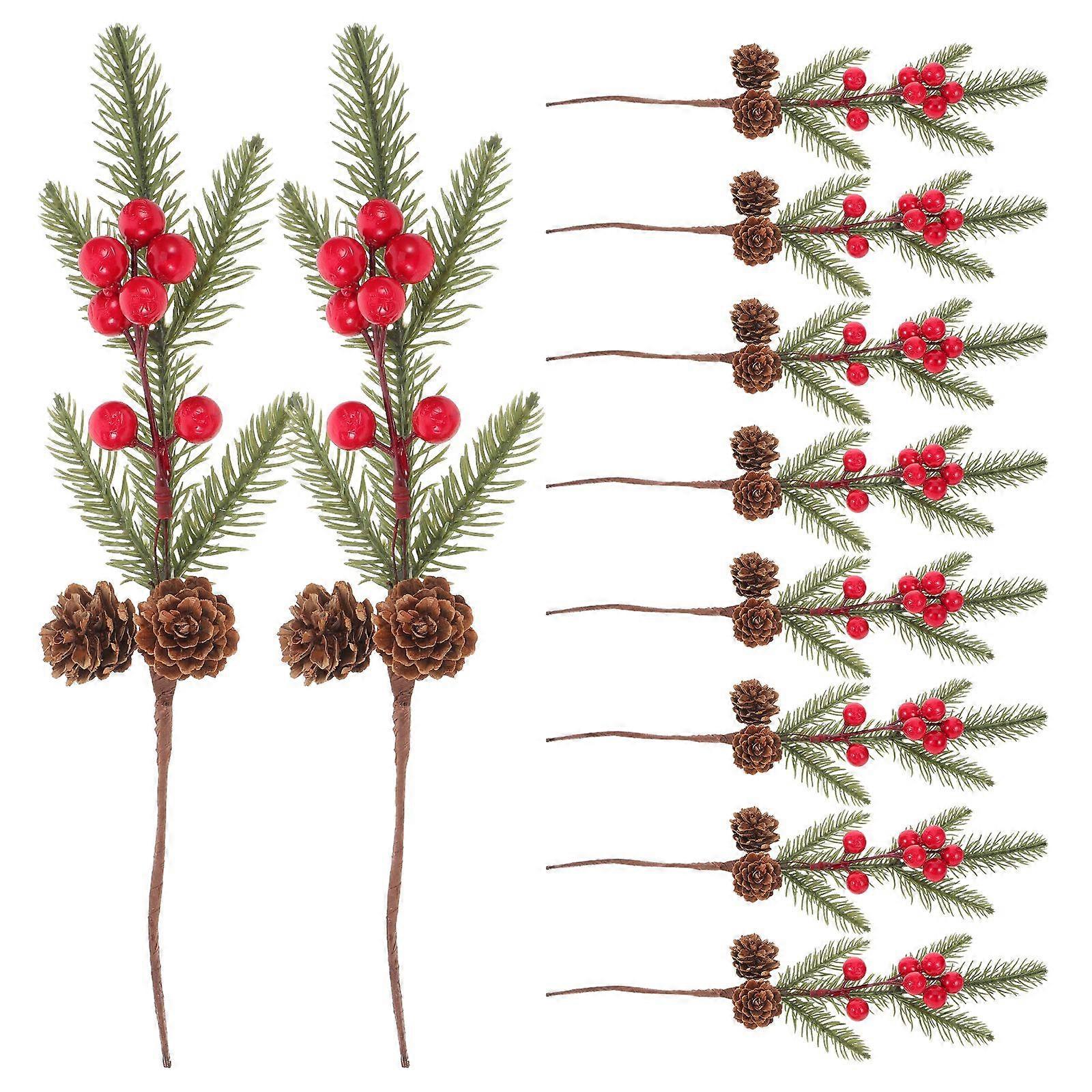 10pcs Christmas Picks: Artificial Pine Needle Branches With Red Berries And Pine Cones - Christmas Floral Arrangement For Home Office And Party