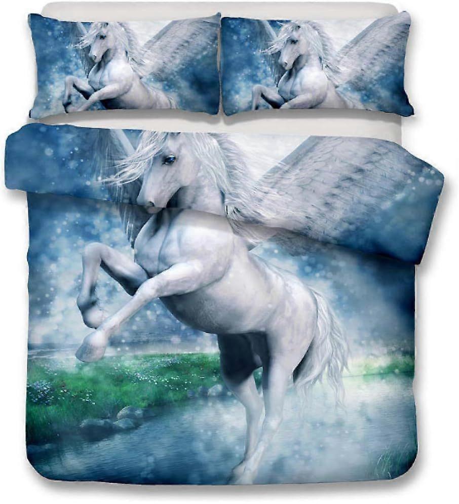 d80 3D Bedding Set Duvet Cover Set Single Cartoon Animal White Unicorn Printed Comforter Cover 3 Pieces Bed Sets With Zipper Closure With 2 Soft Micr